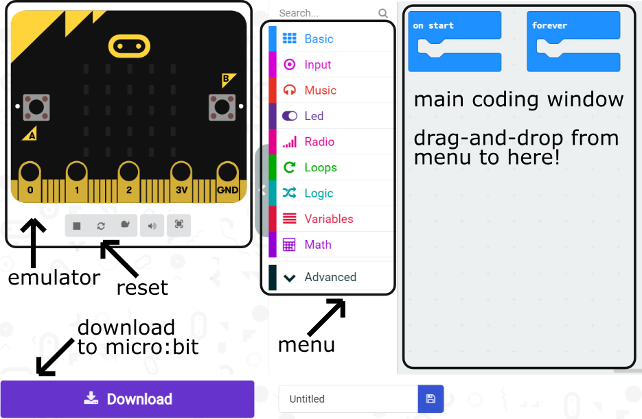 annotated MakeCode editor